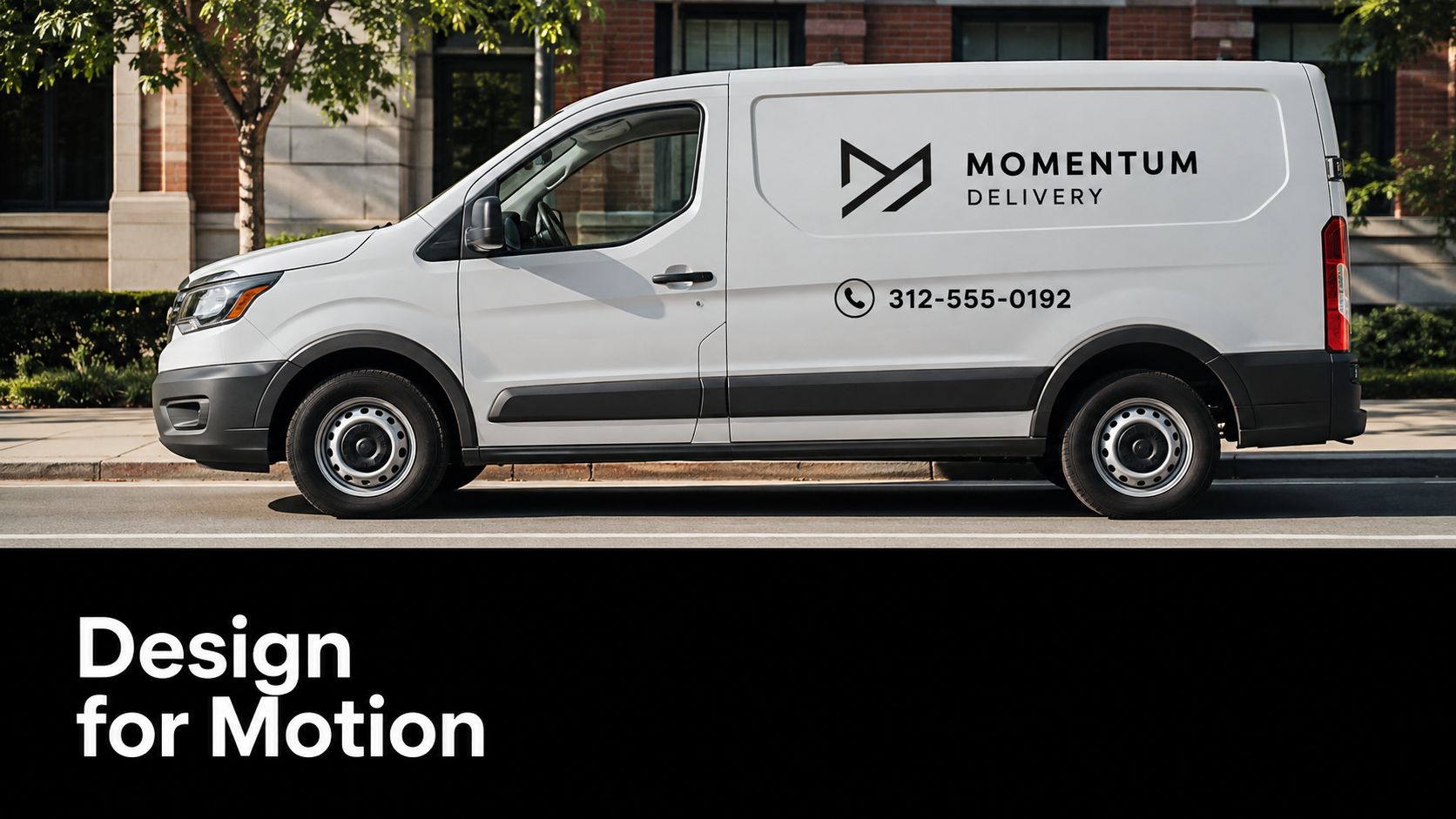 A clean white delivery van parked on a city street featuring Momentum Delivery branding and contact information.