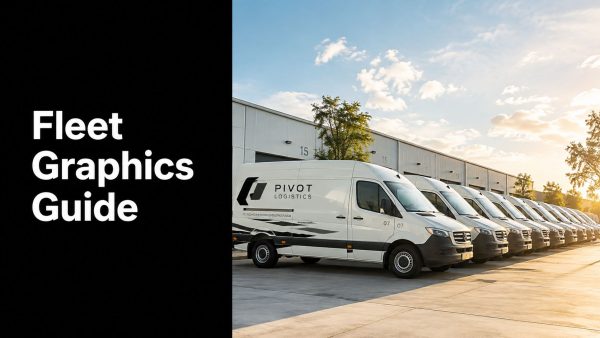 Banner with 'Fleet Graphics Guide' on a black panel beside white Pivot Logistics vans parked in a loading lot at sunset.