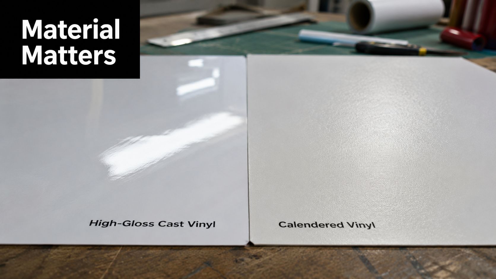 A close-up comparison between high-gloss cast vinyl and calendered vinyl sheets on a workspace table.
