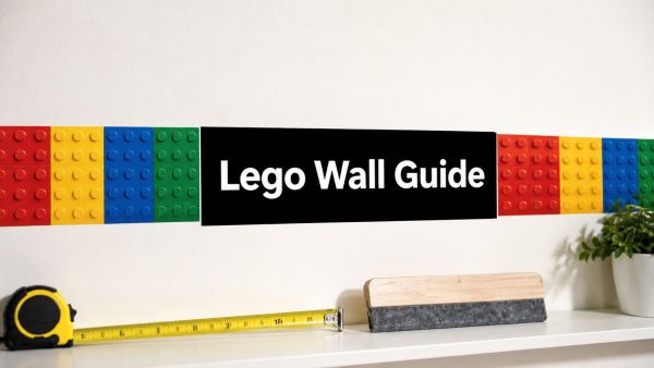 Black sign with white text 'Lego Wall Guide' centered on a wall, bordered by colorful Lego bricks; a tape measure and a plant sit on the shelf below.