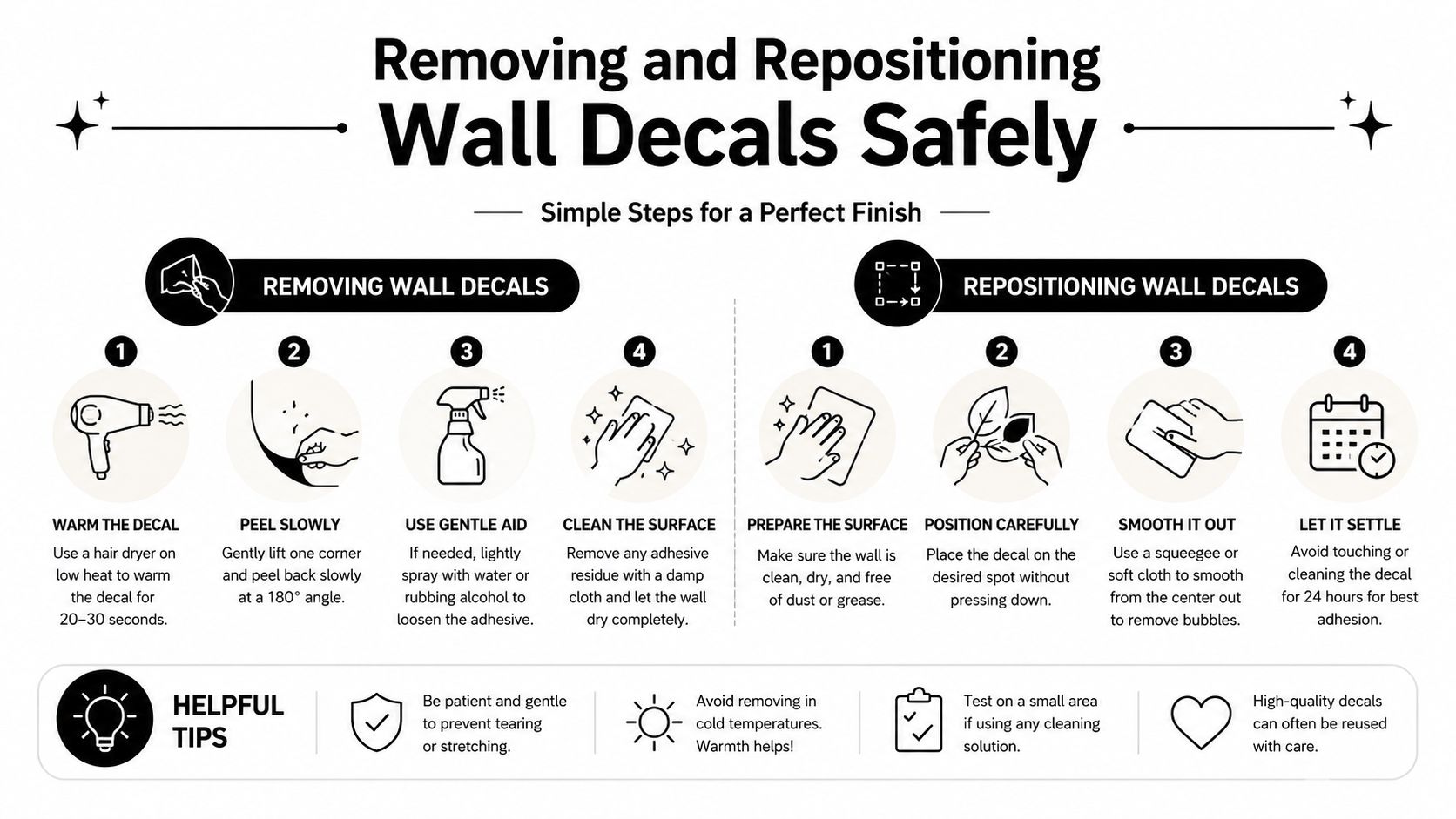 An infographic titled Removing and Repositioning Wall Decals Safely featuring step-by-step instructions for wall stickers.