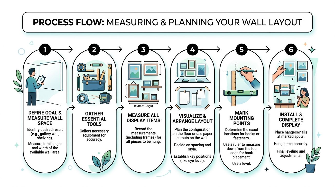 A six-step infographic illustrating the process of measuring and planning a professional wall layout display.