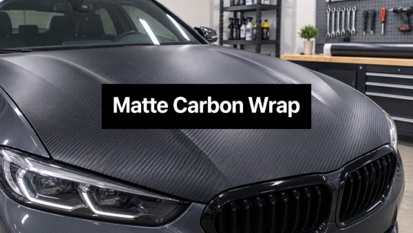 Car in a workshop with a matte carbon fiber wrap on the hood, showcasing a sleek dark finish.