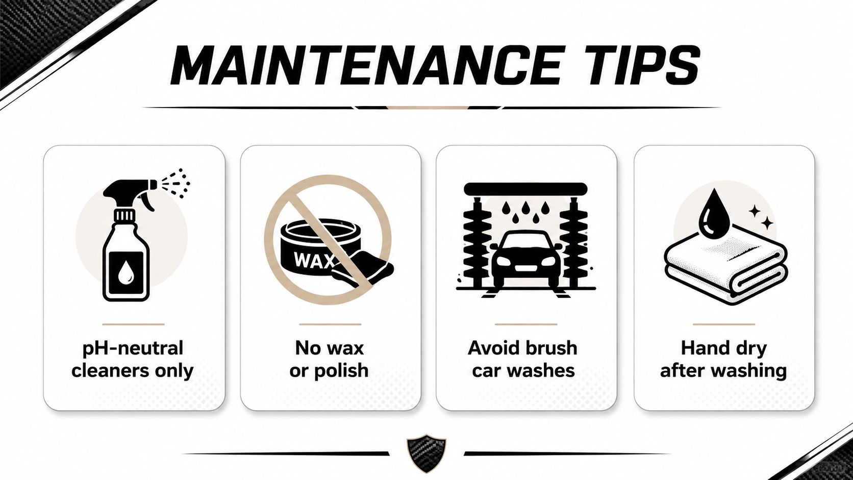 Maintenance instructions for matte carbon wrap featuring icons for pH-neutral cleaners, no wax, avoid brushes, and hand drying.
