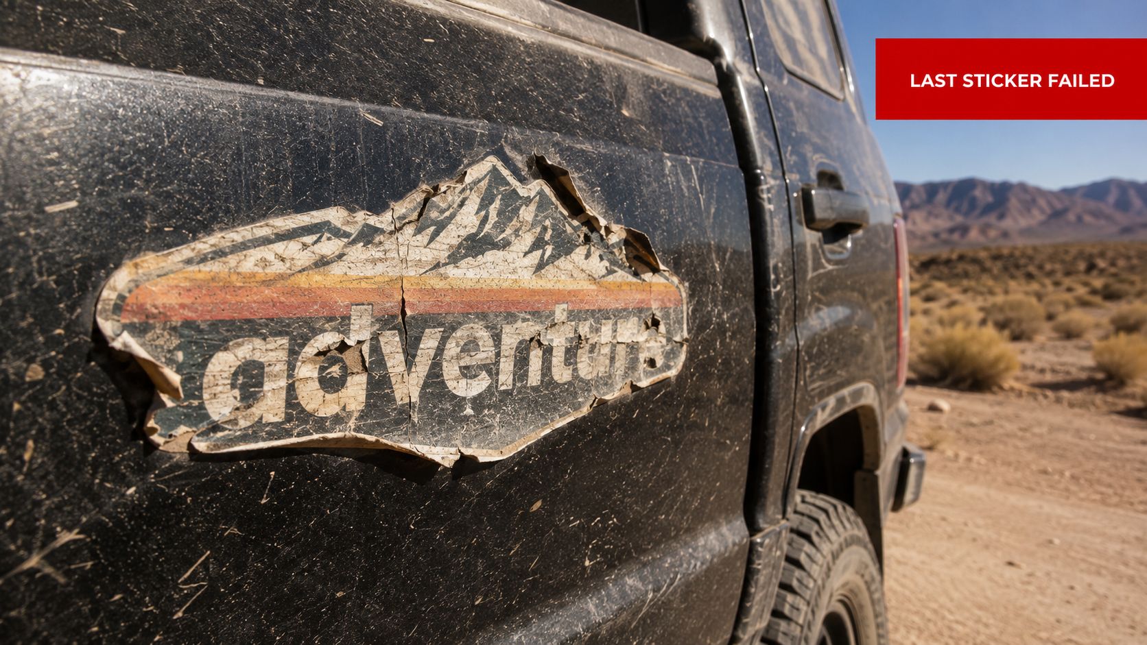 A weather-worn outdoor adventure sticker featuring a mountain landscape graphic peeling off a muddy black truck door.