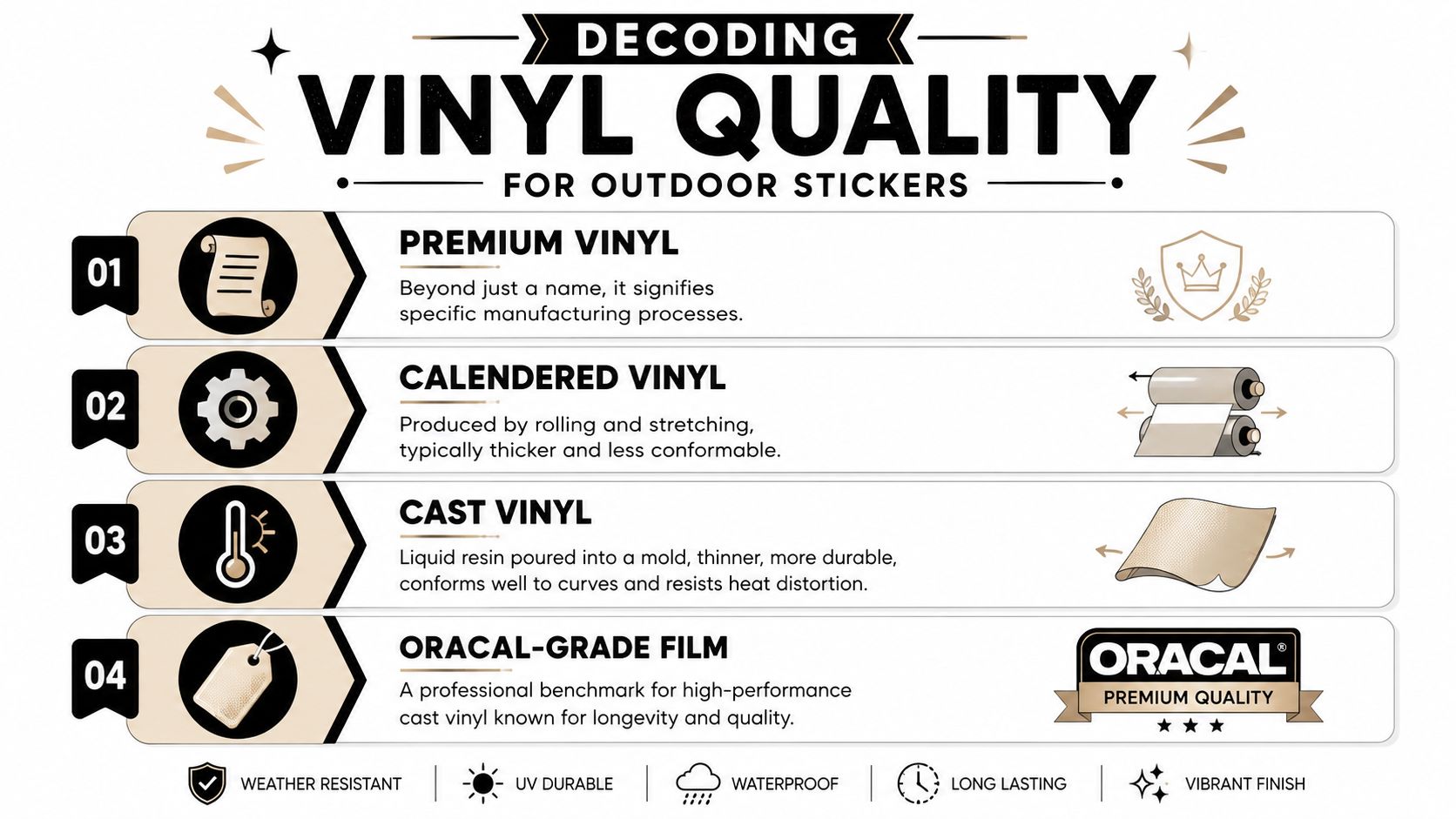 An infographic titled Decoding Vinyl Quality for Outdoor Stickers explaining the differences between premium, calendered, and cast vinyl.