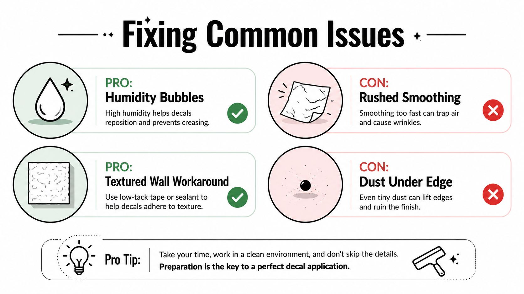 A helpful infographic outlining common issues and tips for applying wall decals correctly and professionally.