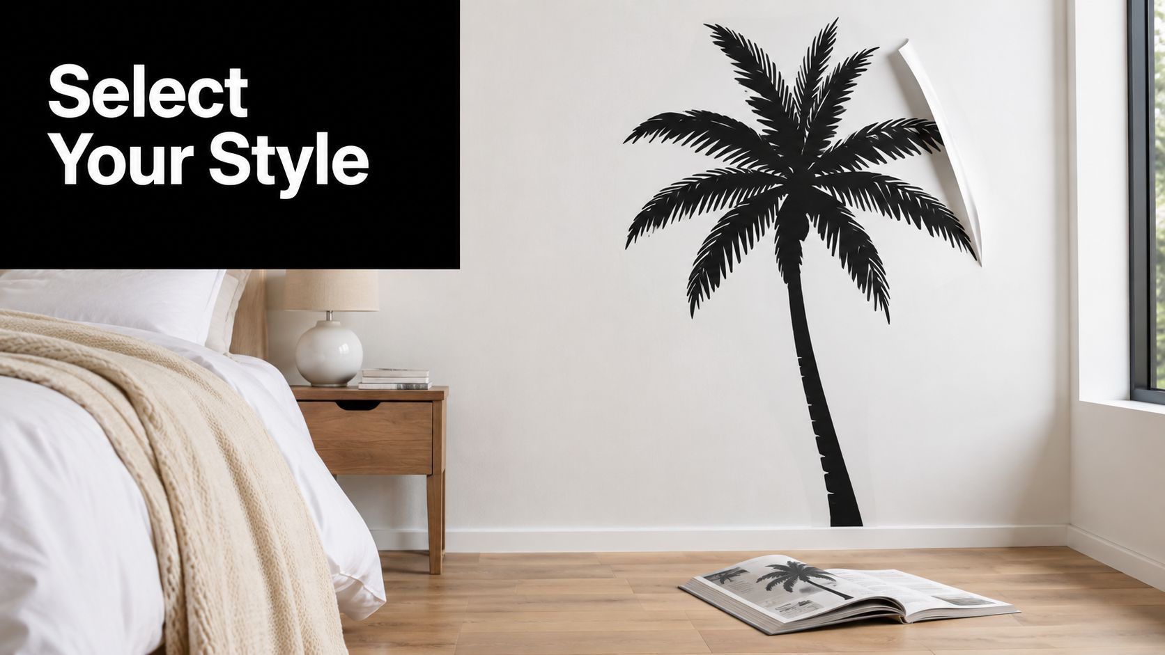 A modern bedroom with a black palm tree wall decal featuring a peel-off section on white wall.