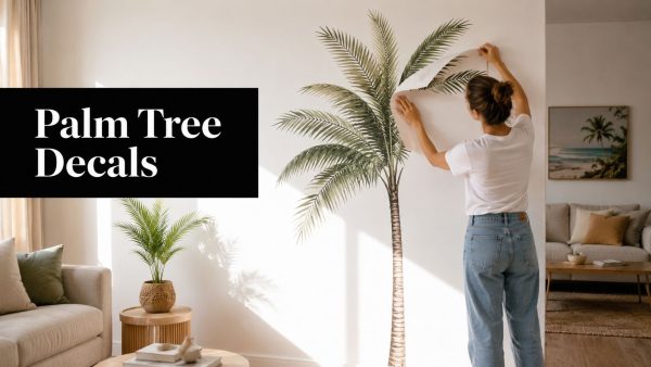 Person applying a palm tree wall decal in a bright living room; black banner on left reads 'Palm Tree Decals'.