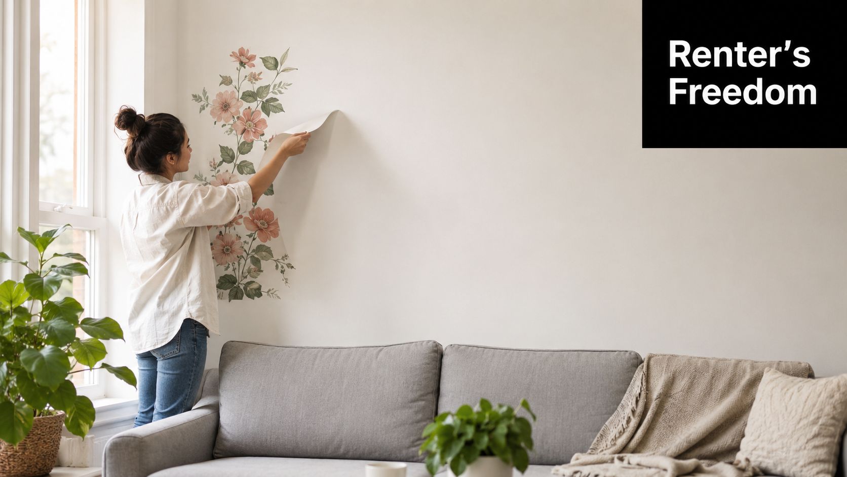 A young woman applying a floral wall decal to a plain white wall in a living room.
