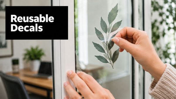 Hands applying a reusable decal labeled 'Reusable Decals' on a glass door in a bright room.