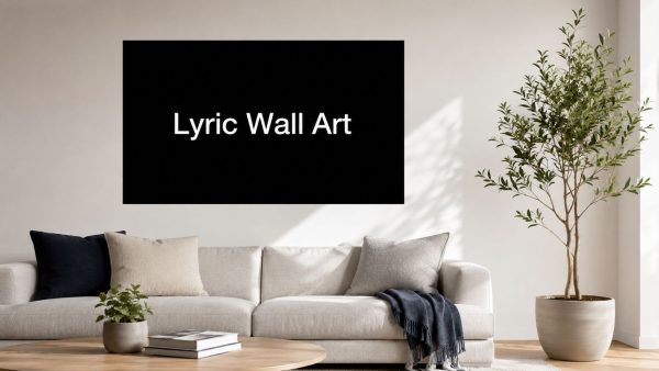 Living room with a beige sofa and a large black wall display reading 'Lyric Wall Art' above it.