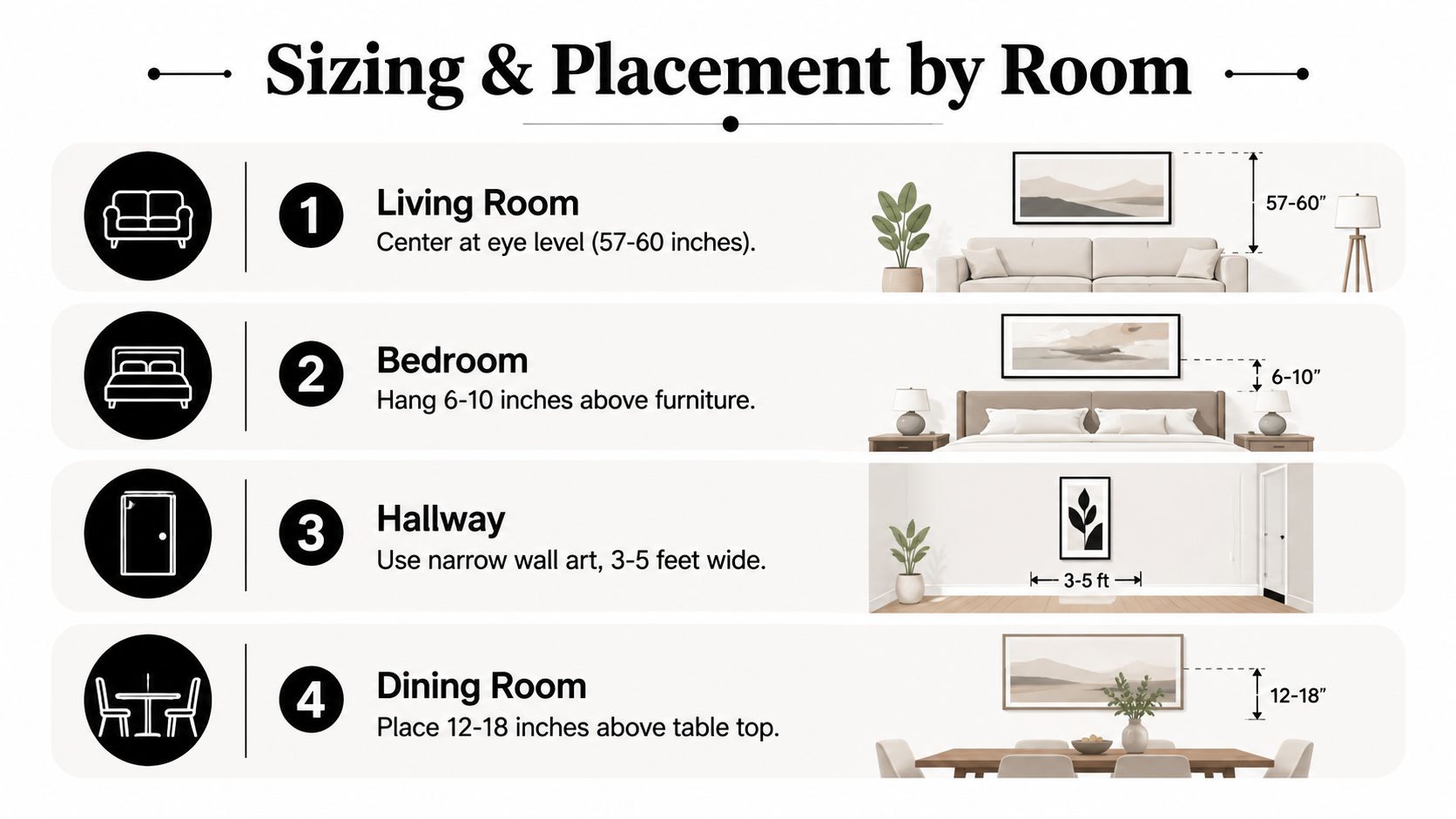 A helpful infographic guide showing recommended wall art hanging heights and placement guidelines for different rooms.