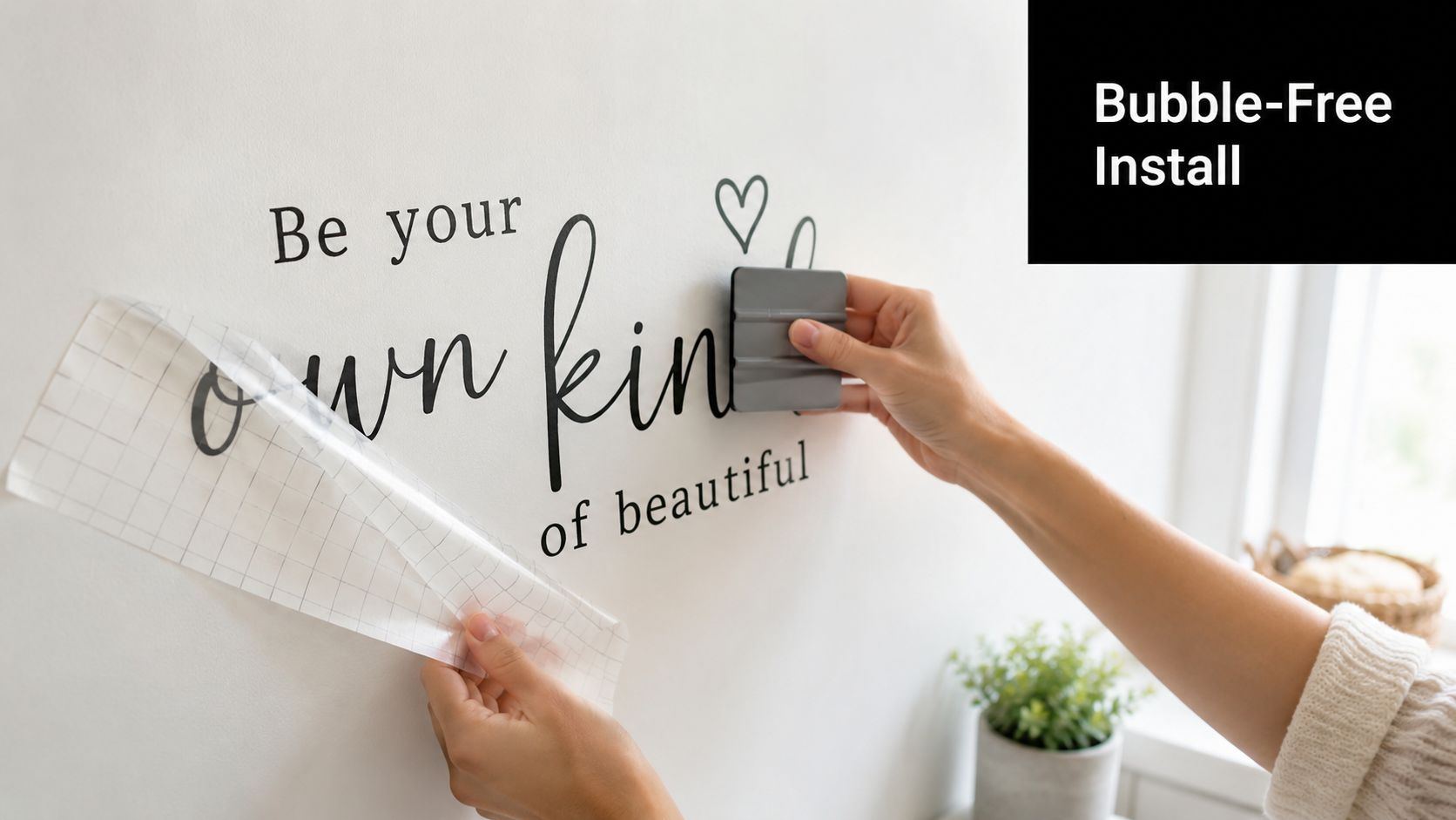 A person applying a black vinyl wall decal with the words Be your own kind of beautiful