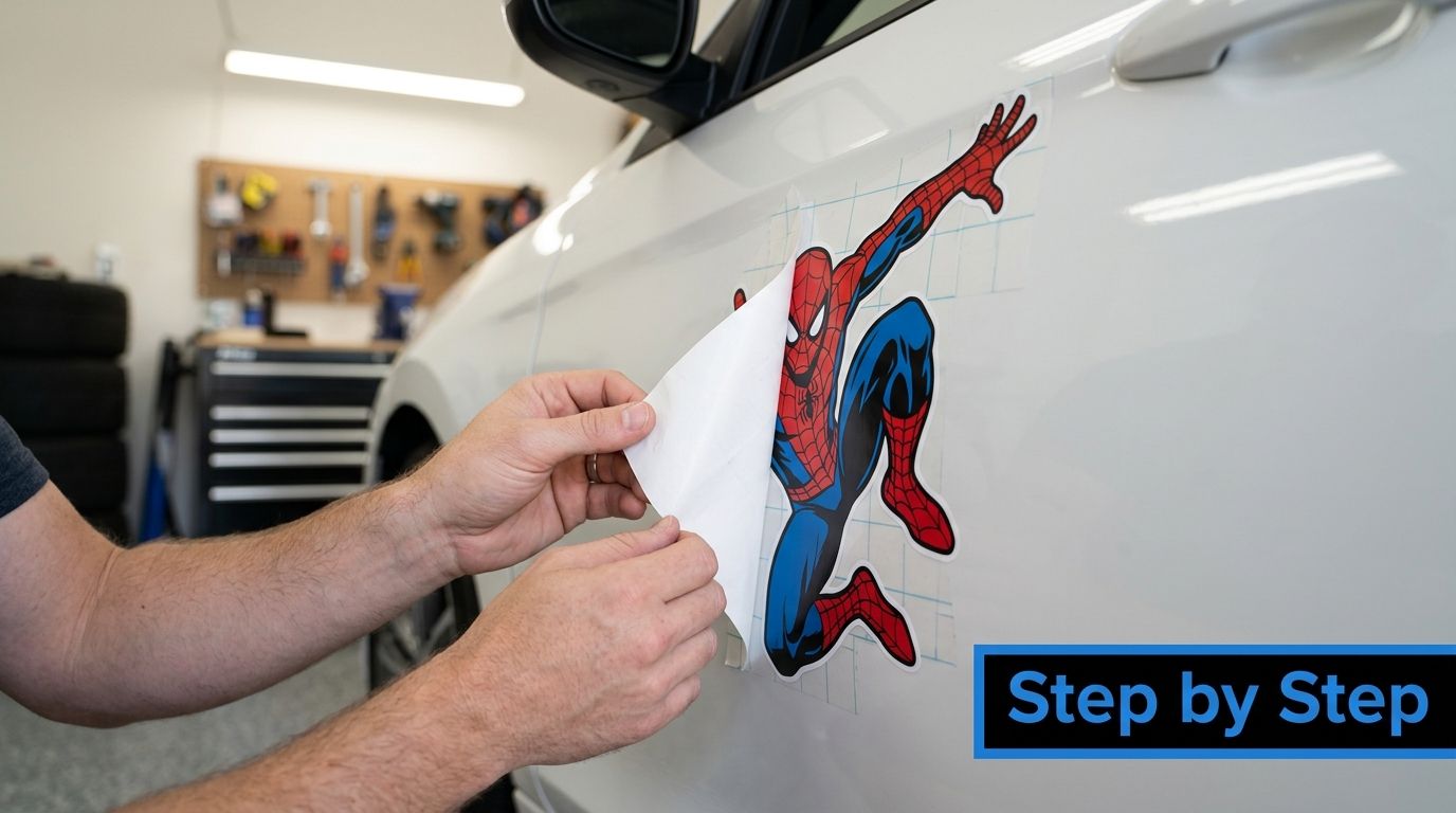 A person carefully applying a Spider-Man decal onto the side of a clean white car door.