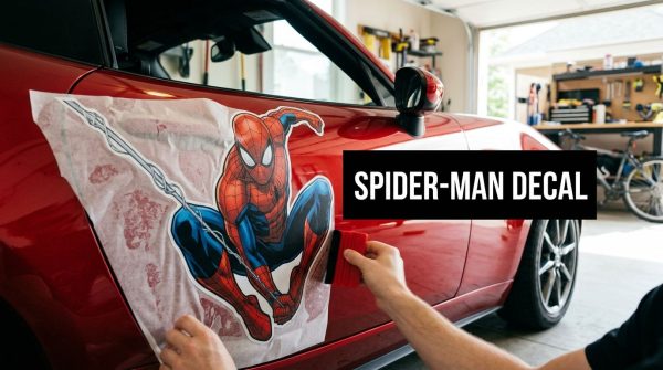 Person applying a Spider-Man decal to the side of a red car in a home garage workshop, with tools and a bike visible in the background.
