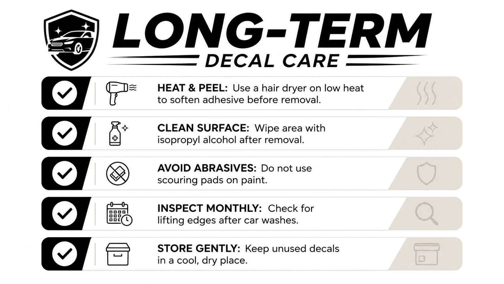 A long-term decal care instruction infographic displaying five tips for removing, cleaning, and maintaining car decals.