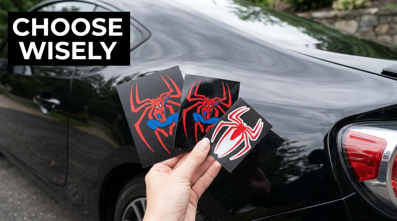 A hand holding three different Spider-Man stickers in front of a shiny black car exterior.