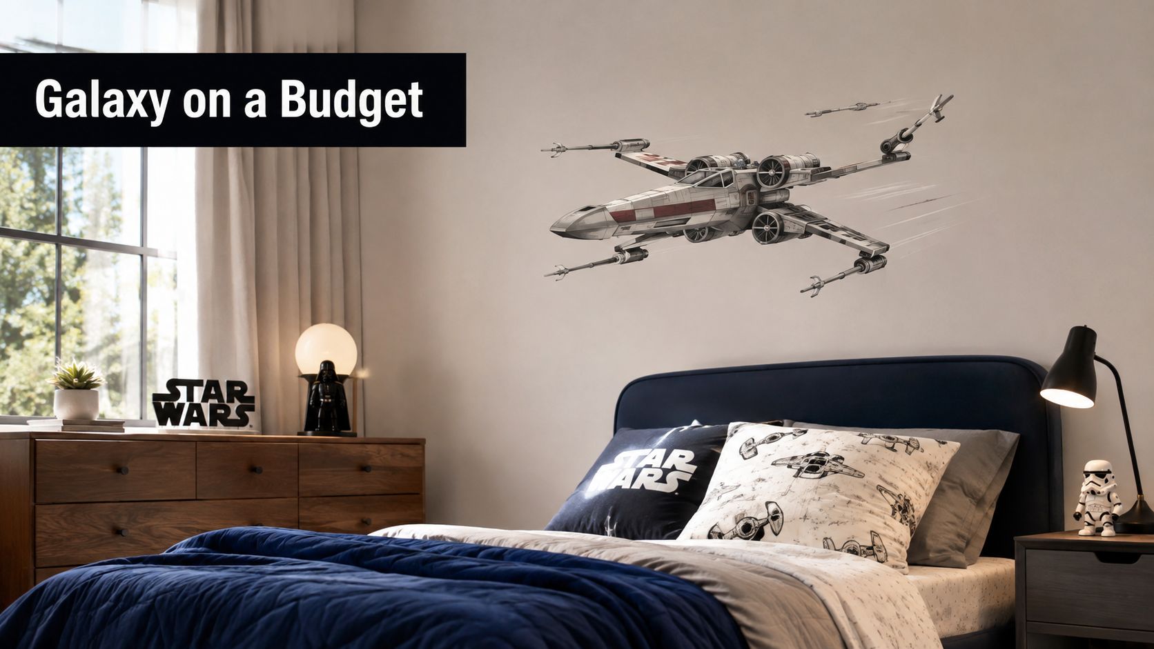 A modern bedroom decorated with a large X-wing starfighter wall decal and Star Wars themed bedding.