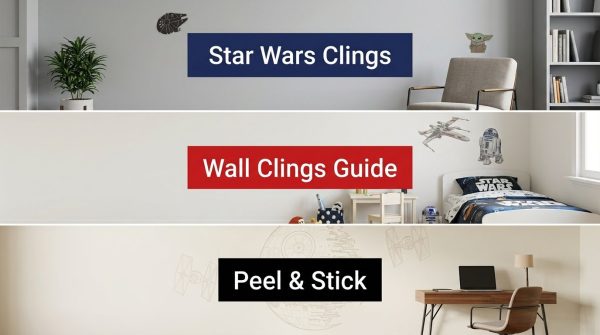 Three-panel header image advertising Star Wars wall clings: top panel reads 'Star Wars Clings' on a blue banner in a modern room with a plant and seating area.