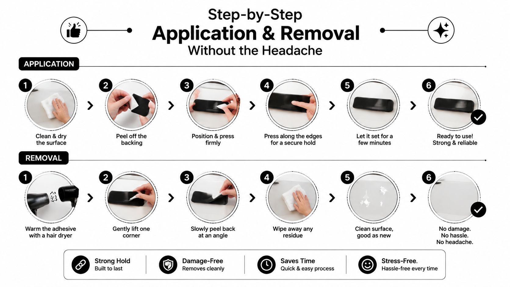 An instructional infographic detailing the step-by-step application and removal process for adhesive stickers or mounting products.