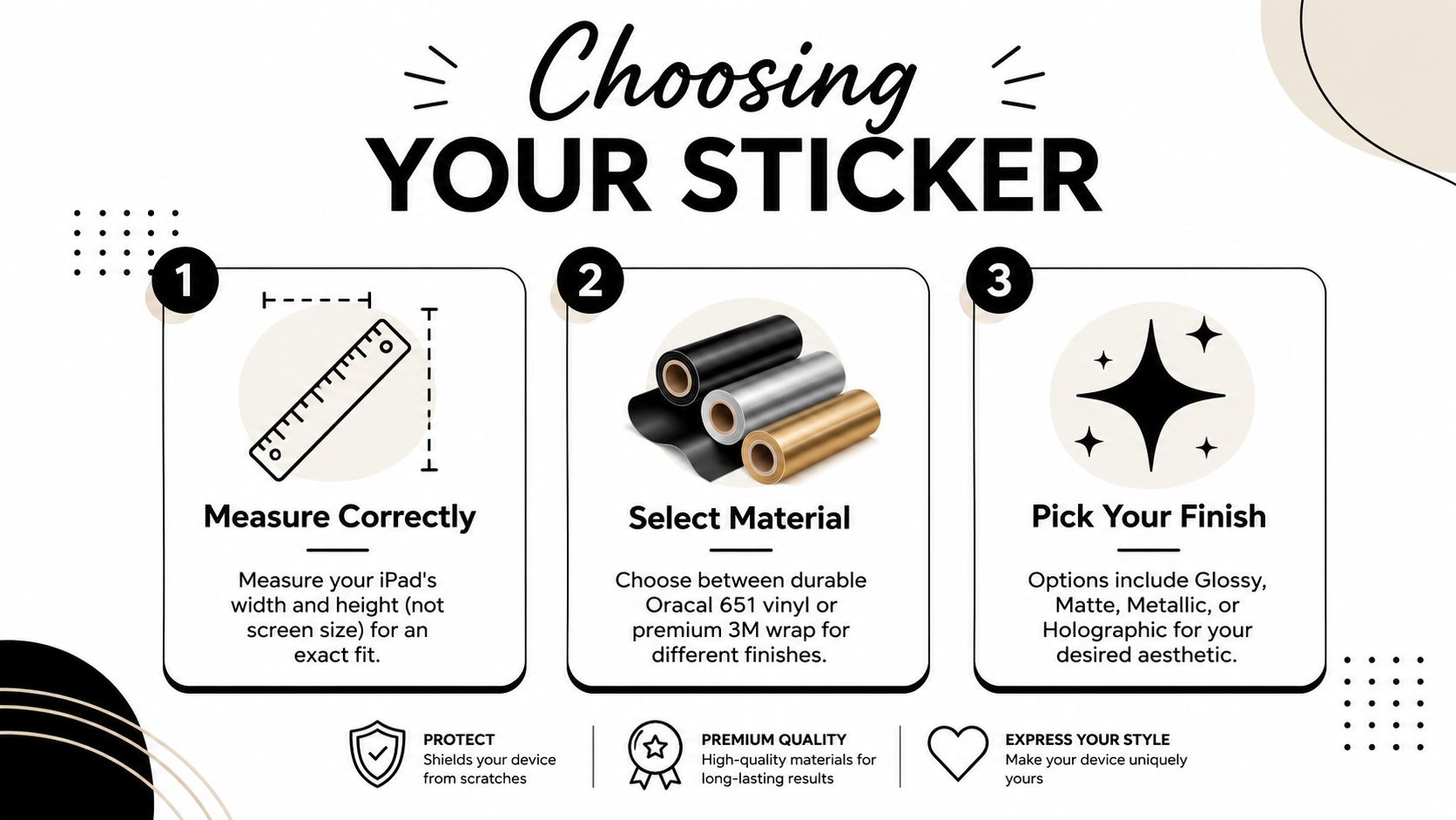 A three-step guide on how to choose a custom vinyl sticker for your iPad device.