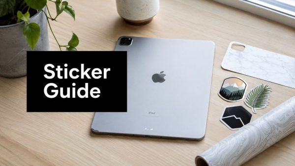 Black box with 'Sticker Guide' text over a silver iPad on a wooden desk, with plant and sticker sheets nearby.