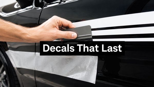 Hand smoothing a vinyl decal onto a black car with white stripes; bold text reads 'Decals That Last'.