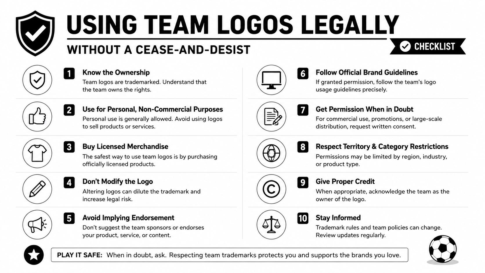 An infographic checklist outlining ten legal tips for properly using professional sports team logos safely.