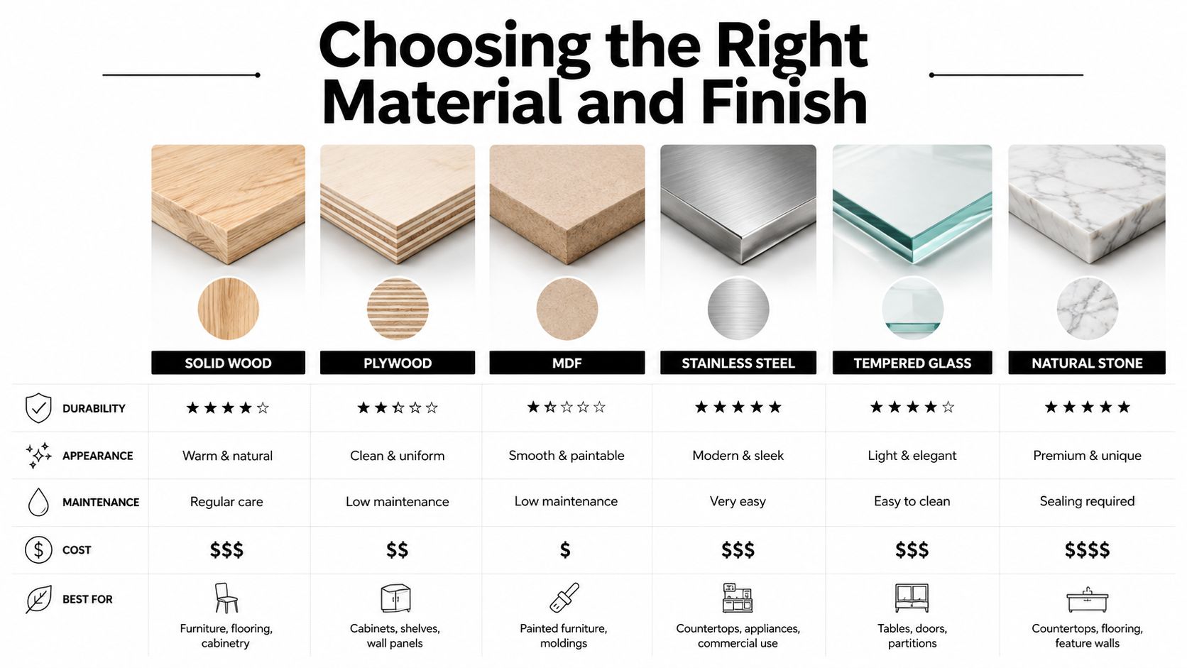 A comprehensive comparison chart showing durability, appearance, maintenance, cost, and usage for various furniture materials.