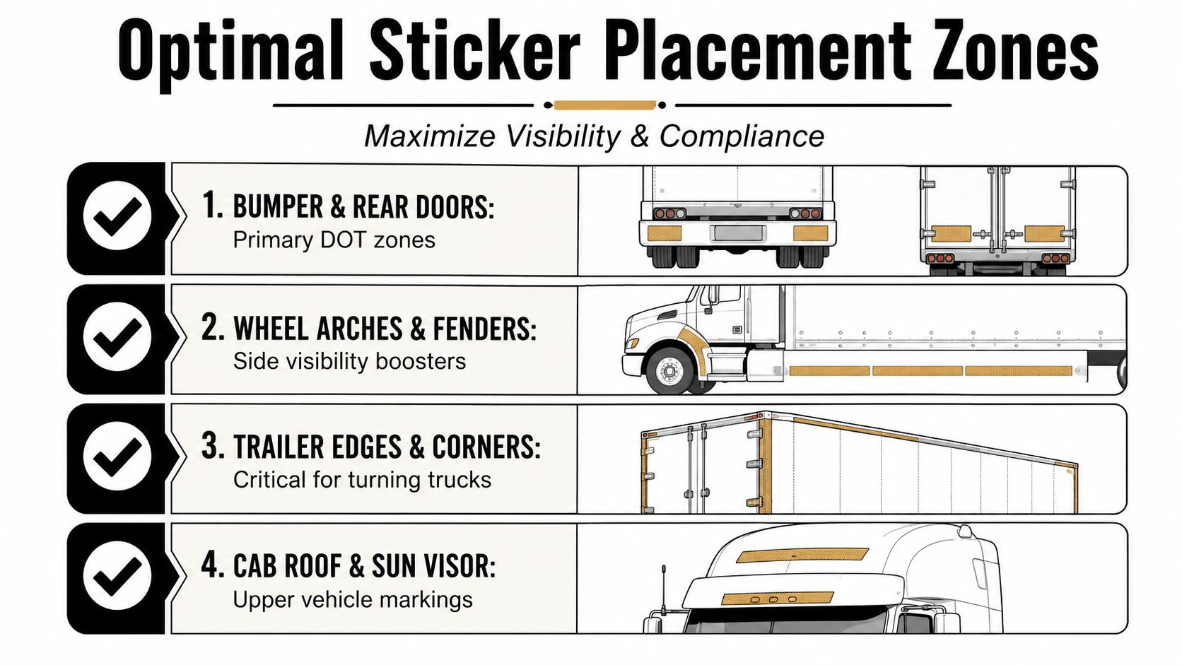 An infographic showing optimal locations for reflective stickers on a truck to maximize visibility and compliance.