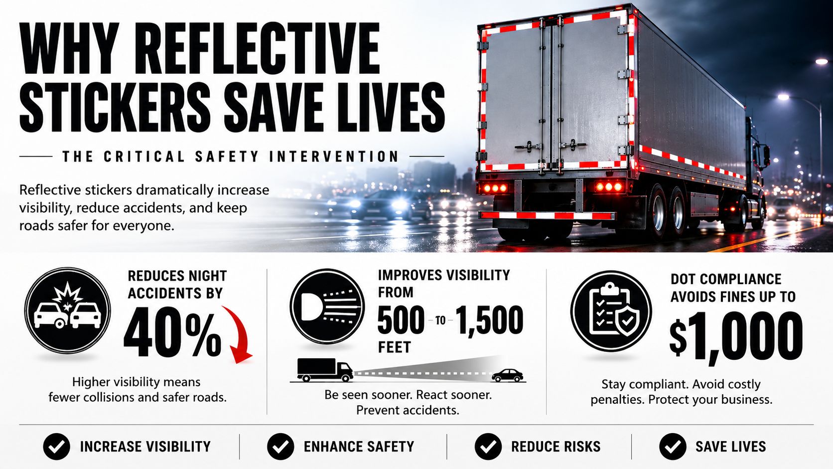 An infographic showing how reflective stickers on trucks increase visibility and reduce accidents at night.