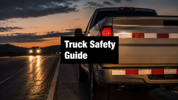 Truck on a highway at sunset with a black banner reading 'Truck Safety Guide' over the rear of a pickup.
