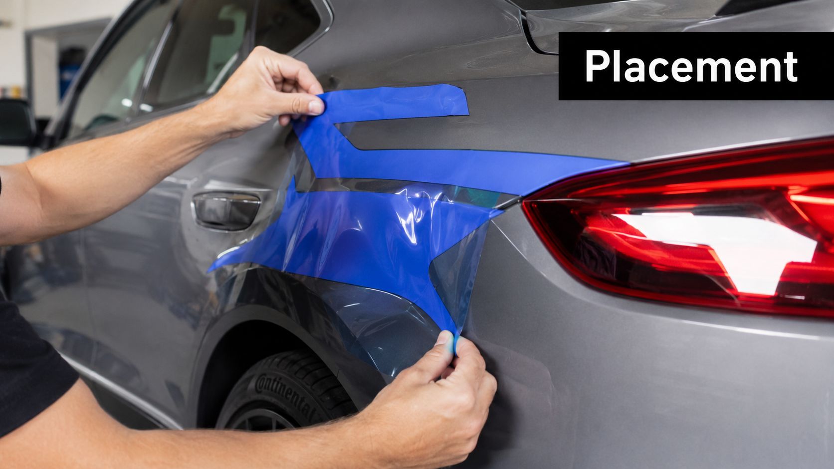 A professional technician applying a custom blue vinyl graphic decal to a gray car body panel.