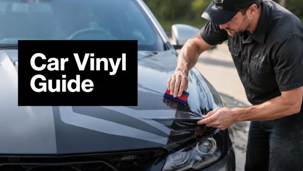 Man in a cap applies black vinyl wrap to the hood of a dark car with a tool in hand; overlay reads 'Car Vinyl Guide' (tutorial context).
