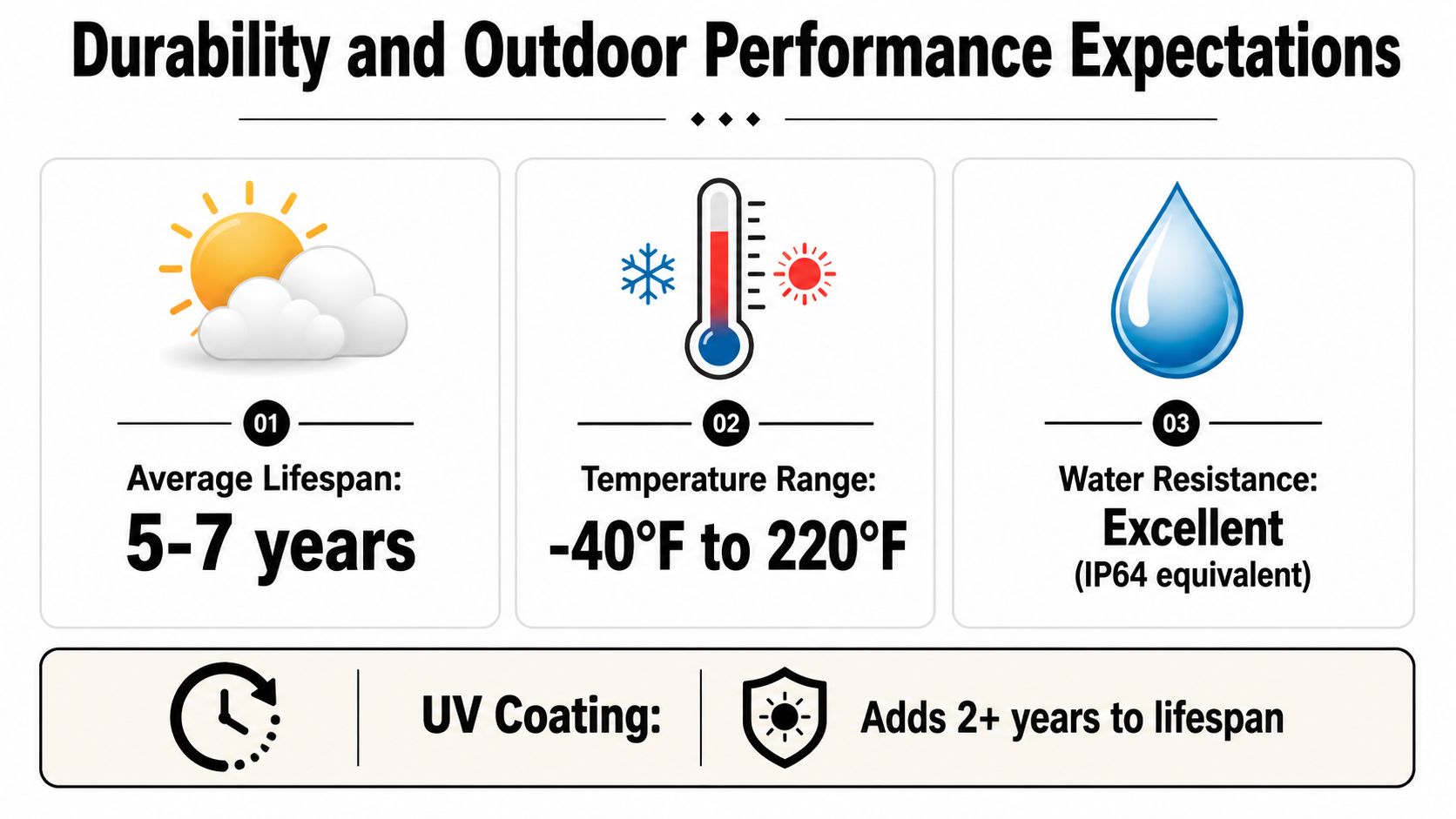 An infographic detailing the durability and outdoor performance of vinyl graphics including lifespan, temperature, and water resistance.