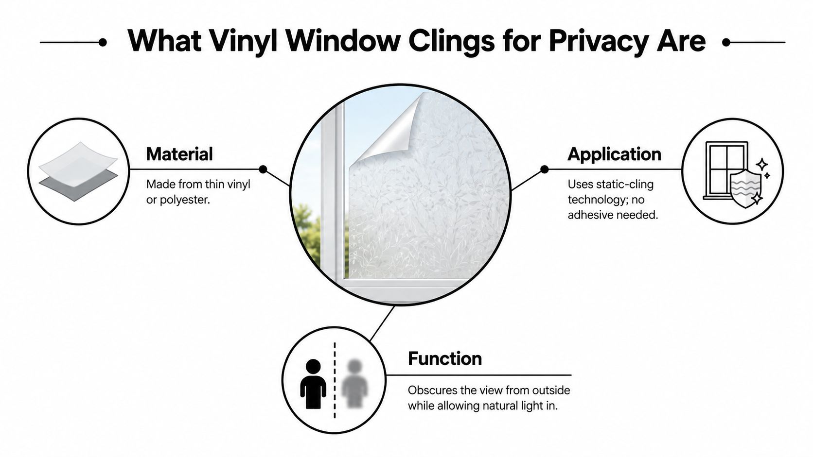 An infographic explaining that vinyl window clings are adhesive-free, static-cling materials used for natural light and privacy.