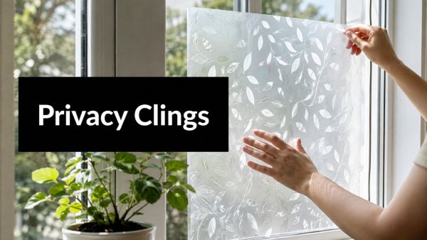 Hands apply a frosted leaf-pattern privacy cling to a window, with a black label reading Privacy Clings nearby.