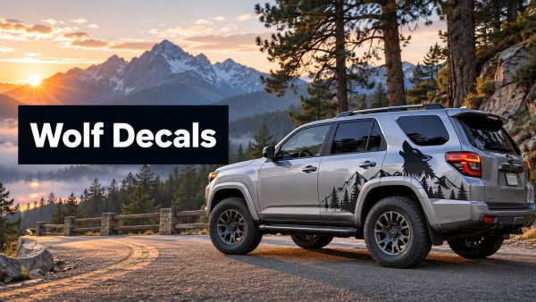 Silver SUV with a black wolf and pine tree decals parked on a mountain road at sunset; large dark banner reads 'Wolf Decals' in the foreground