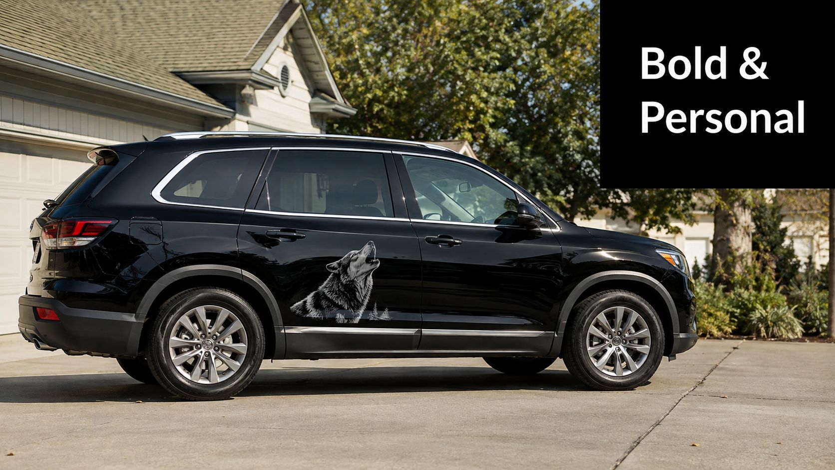 A black SUV parked in a driveway featuring a detailed howling wolf decal on the driver side door.